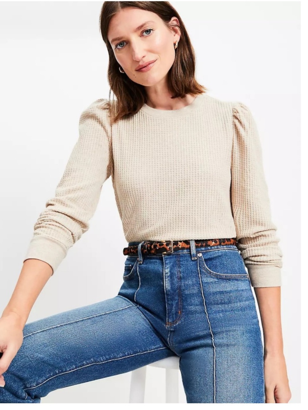 Ann Taylor LOFT Thermal Waffle Knit Puff Sleeve Pullover Shirt Tan Large